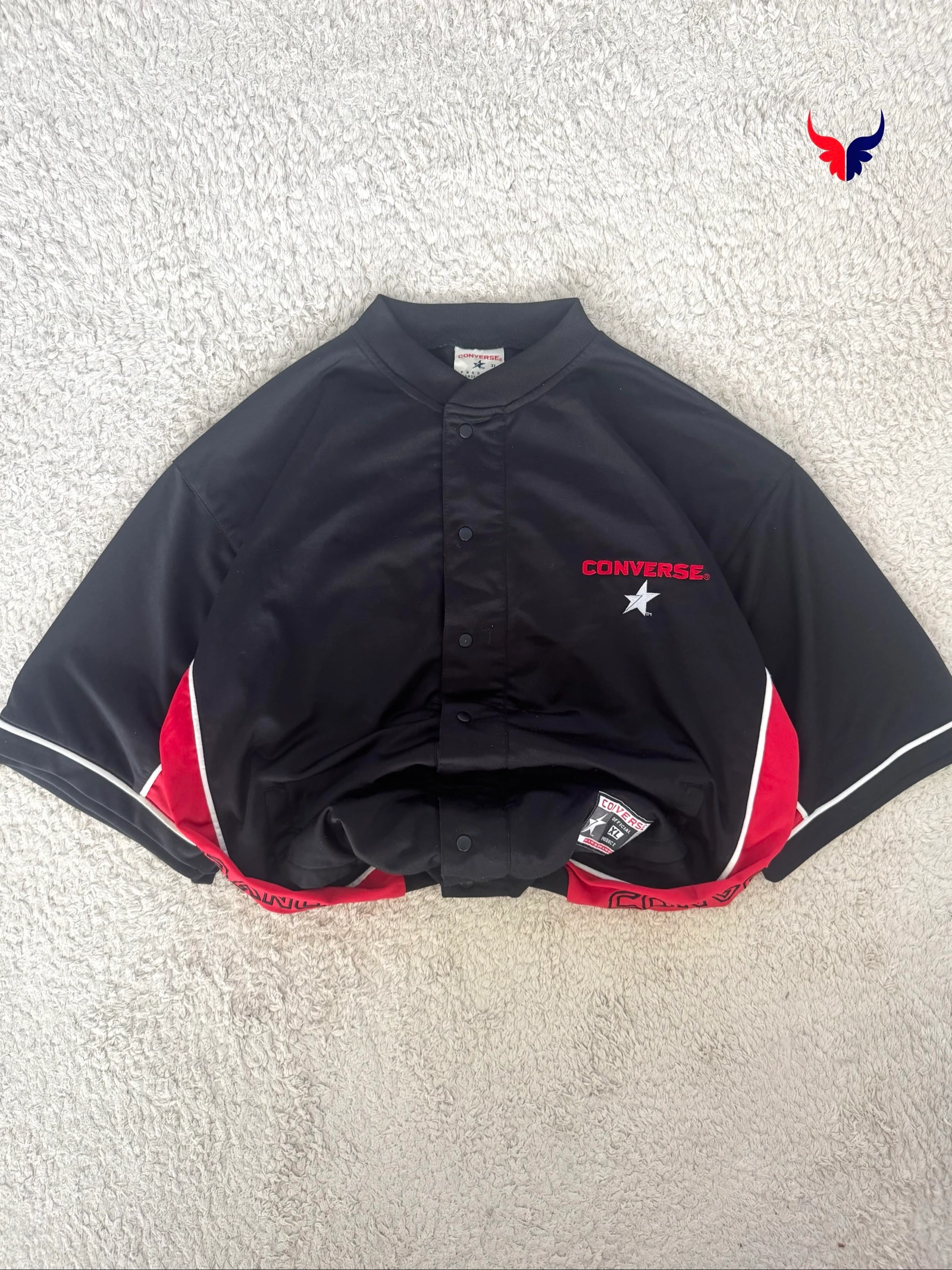 Converse Vintage Baseball Jersey Shirt Black Red Snap Button 90s Streetwear XL